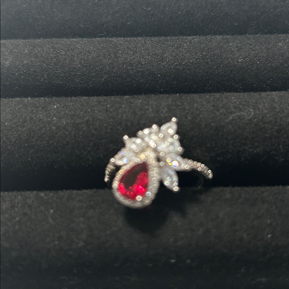 Unlisted Silver Ring with Red Stone and Crystal Details